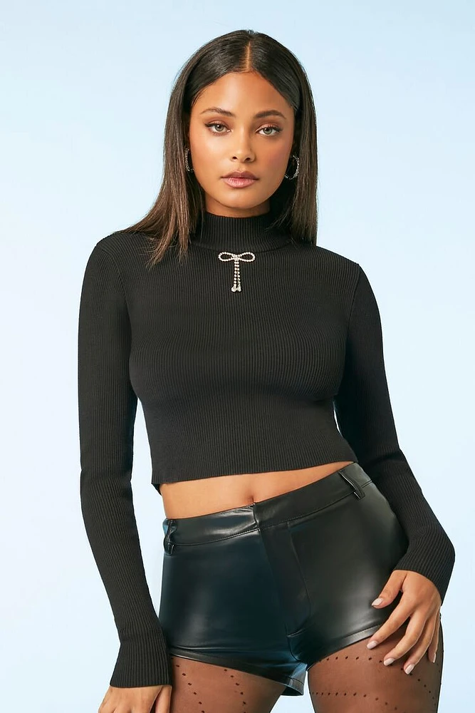 Rhinestone Bow Sweater-Knit Crop Top