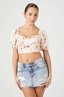 Satin Floral Puff-Sleeve Crop Top