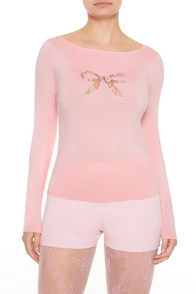 Sheer Lace Bow Long-Sleeve Top