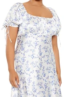 Plus Floral Puff-Sleeve Midi Dress