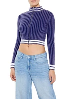 Varsity-Striped Zip-Up Sweater