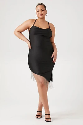 Plus Satin Asymmetrical Fringe Dress