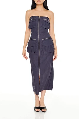 Strapless Zip-Up Cargo Midi Dress