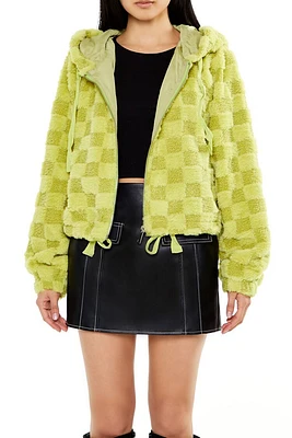 Checkered Faux Shearling Zip-Up Hoodie