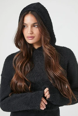 Cropped Fuzzy Knit Hoodie