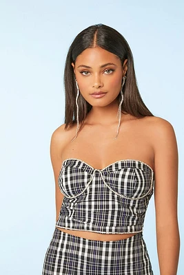 Plaid Rhinestone-Trim Bustier Tube Top