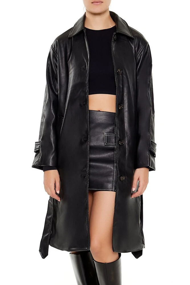 Faux Leather Tie-Waist Trench Coat