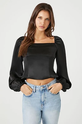 Satin Peasant-Sleeve Crop Top