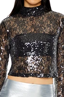 Sheer Lace Sequin Mock Neck Top