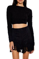 Beaded Cropped Cable Knit Sweater