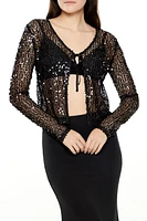 Sequin Sheer Mesh Tie-Front Shirt