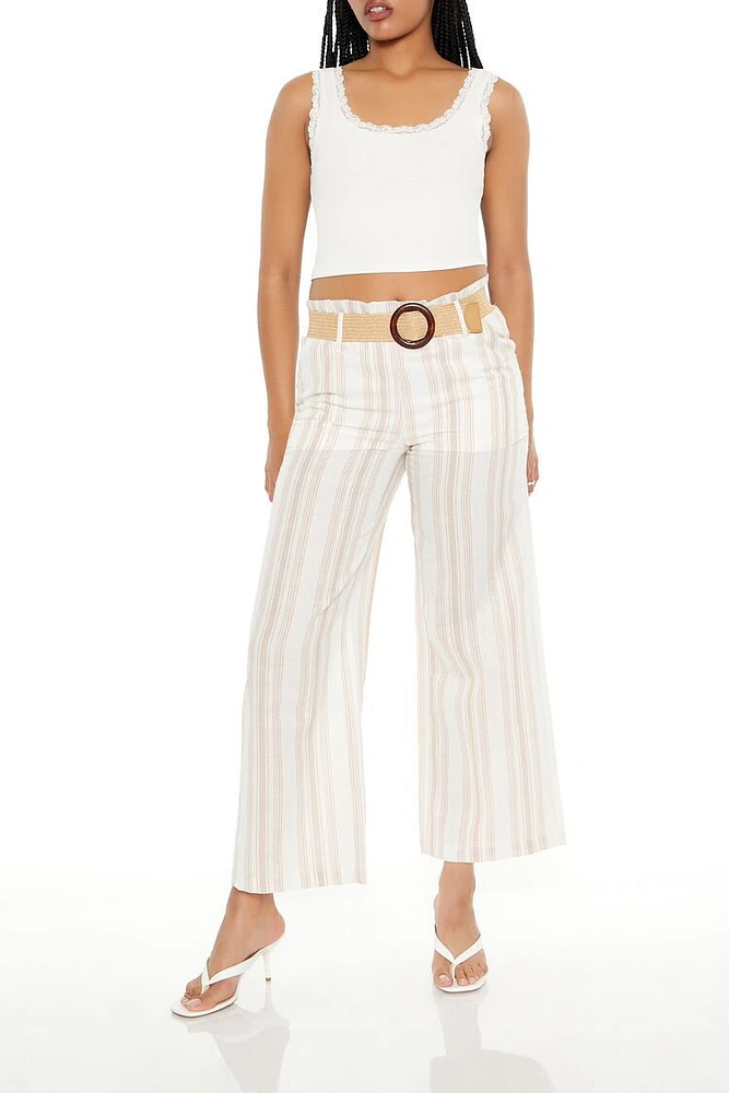 Belted Striped Wide-Leg Pants