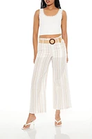 Belted Striped Wide-Leg Pants