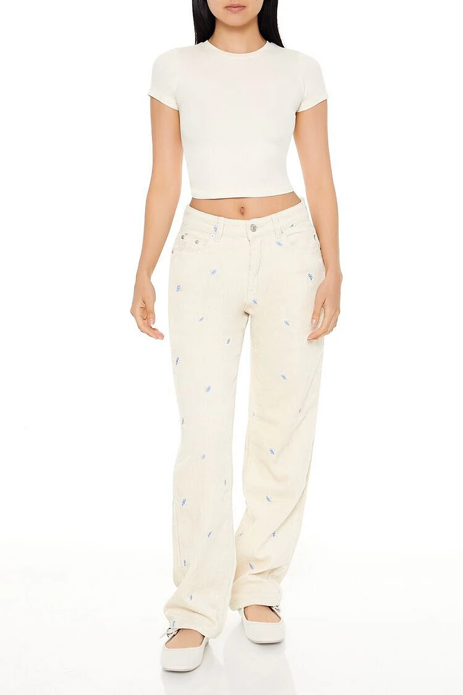 Embroidered Mushroom Corduroy Pants