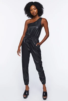 Faux Leather One-Shoulder Jumpsuit