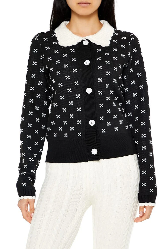 Contrast-Collar Geometric Cardigan Sweater