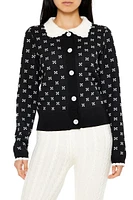 Contrast-Collar Geometric Cardigan Sweater