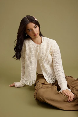 Lace-Trim Cardigan Sweater