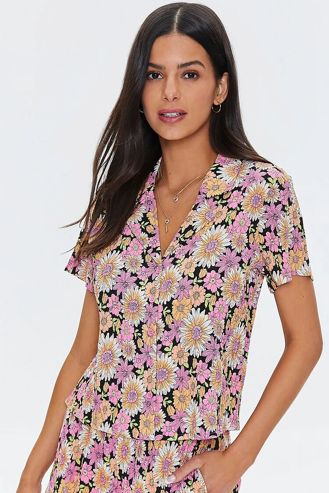 Pleated Floral Print Shirt