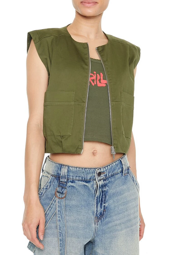 Satin Zip-Up Cropped Vest