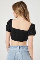 Puff-Sleeve Poplin Bustier Crop Top