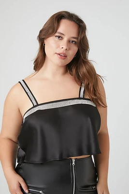 Plus Satin Rhinestone-Trim Crop Top