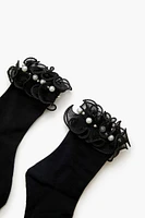 Ruffle Faux Pearl Crew Socks