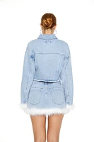 Faux Feather Denim Trucker Jacket