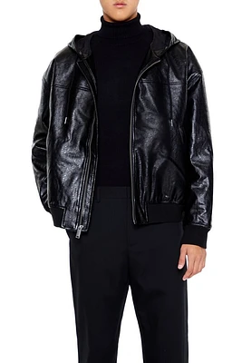 Hooded Faux Leather Bomber Jacket