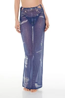 Printed Denim Cutout Maxi Swim Cover-Up Skirt