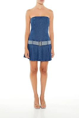 Belted Strapless Denim Mini Dress