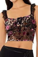 Eyelash Lace-Trim Floral Crop Top