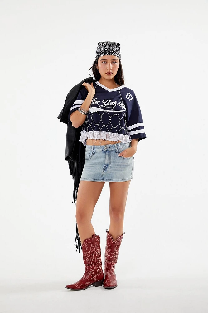 Denim Embroidered Wing Mini Skirt