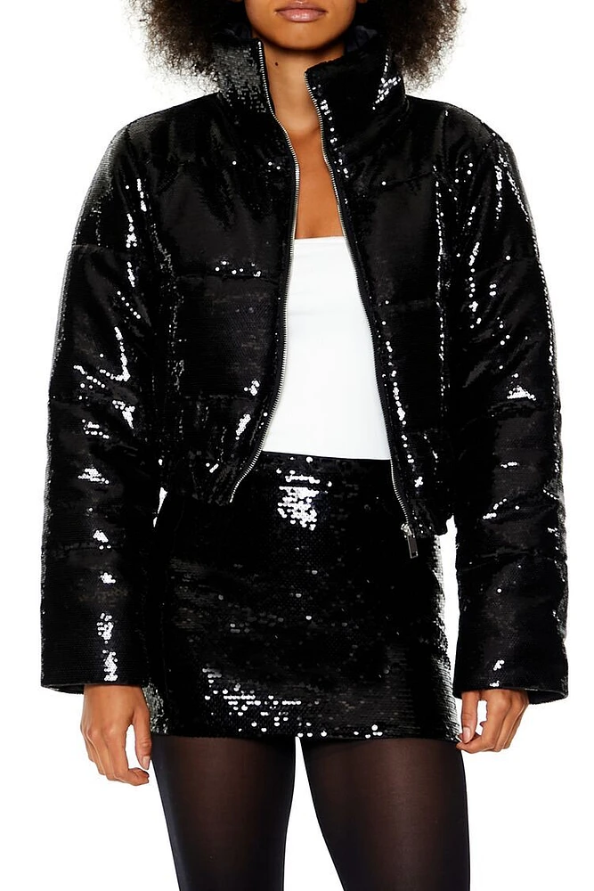 Sequin Zip-Up Puffer Jacket