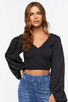 Smocked Balloon-Sleeve Crop Top