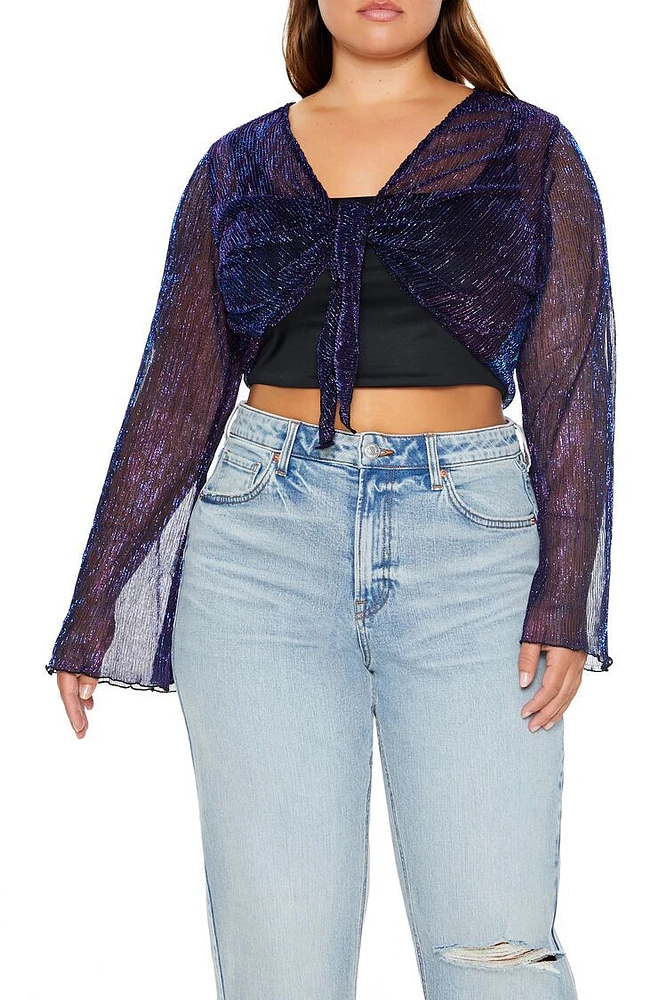 Plus Metallic Tie-Front Crop Top