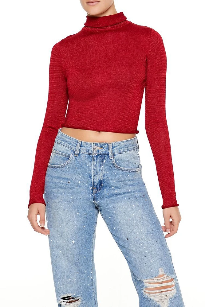 Glitter Knit Turtleneck Crop Top