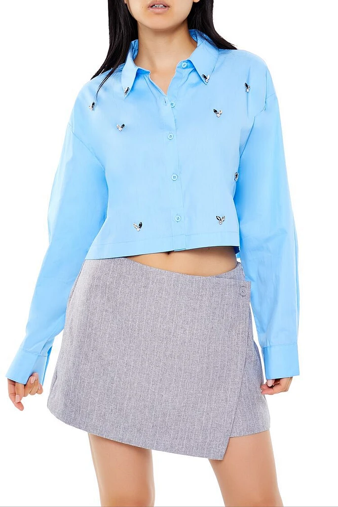 Cropped Faux Gem Poplin Shirt