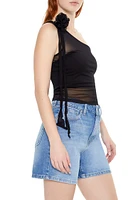 Mesh Rosette One-Shoulder Top