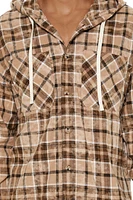 Hooded Plaid Curved-Hem Shacket