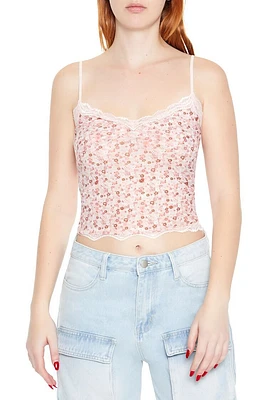 Floral Print Lace-Trim Mesh Cami