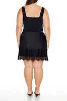 Plus Satin Lace-Trim Mini Skirt