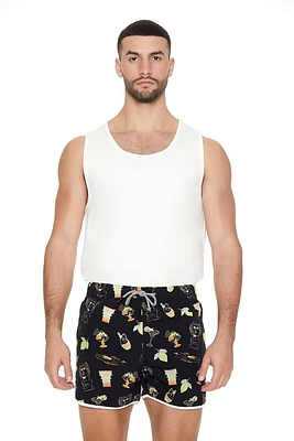 Short Inseam Drink Print Swim Trunks