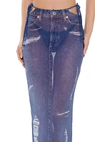 Printed Denim Cutout Maxi Swim Cover-Up Skirt