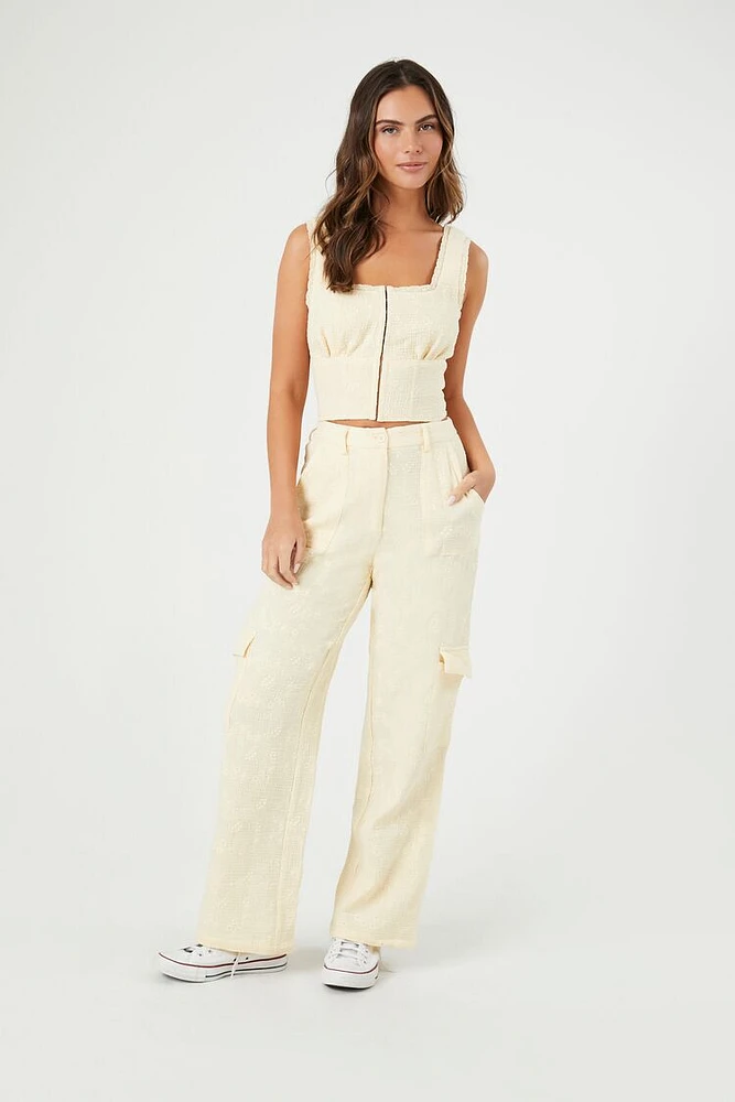 Textured Floral Wide-Leg Cargo Pants