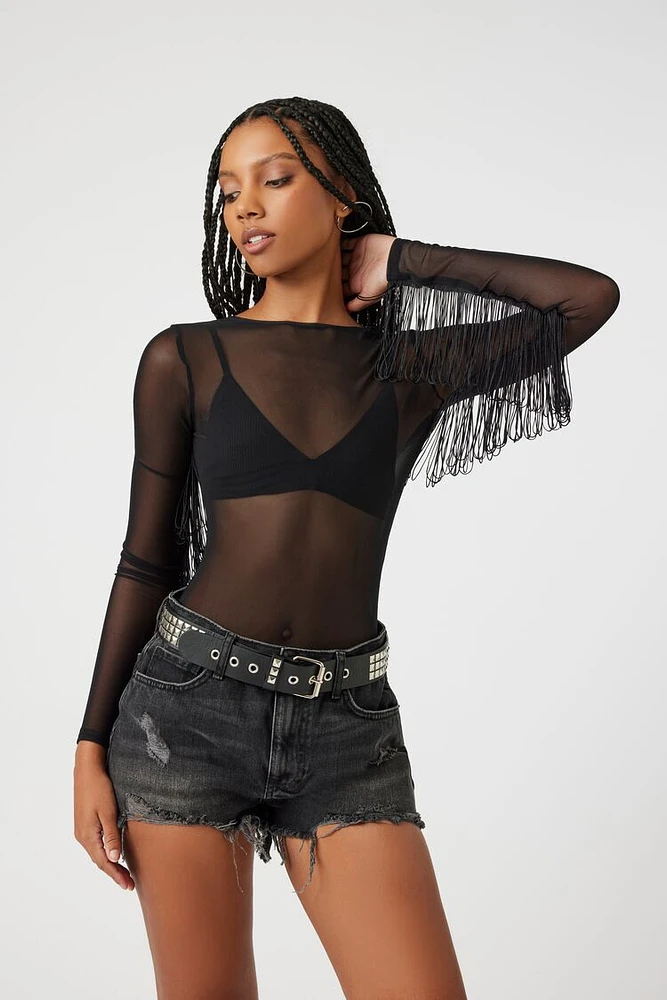 Sheer Fringe-Sleeve Bodysuit