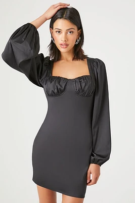 Satin Peasant-Sleeve Mini Dress