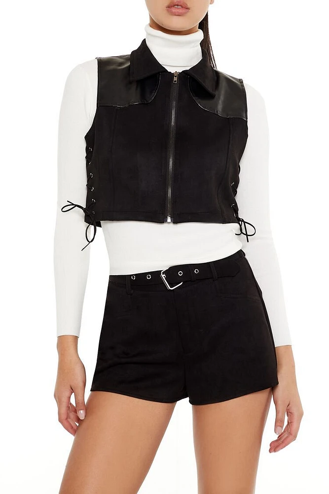 Faux Suede & Leather Lace-Up Vest