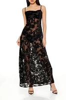 Sheer Flocked Paisley Maxi Dress