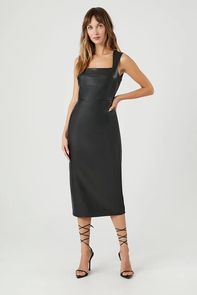 Faux Leather Sleeveless Midi Dress